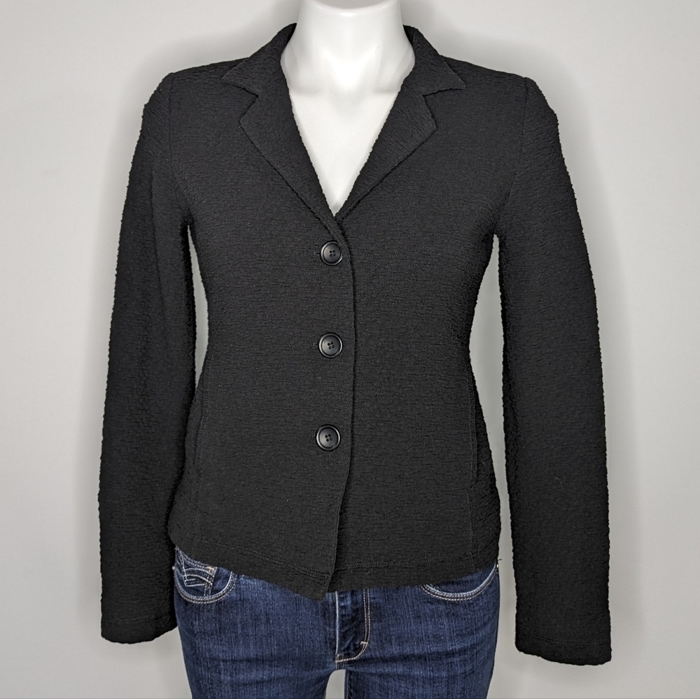 Eileen Fisher black button up v neck collared jacket SP